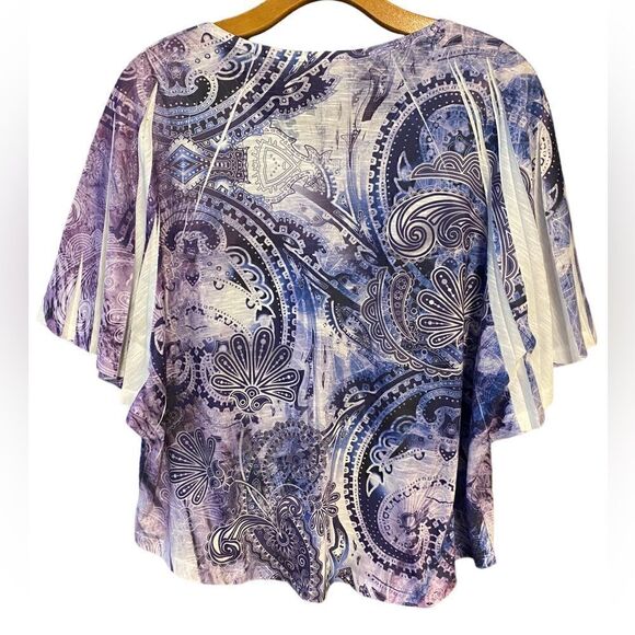 Jess & Jane Sz S Purple Abstract Pleated Bat Wing Sleeves Flowy Relaxed Fit Top - Picture 5 of 5